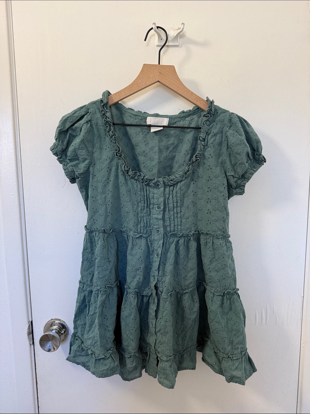 Women’s Sage Green Eyelet Tiered Blouse with Ruffle Neckline